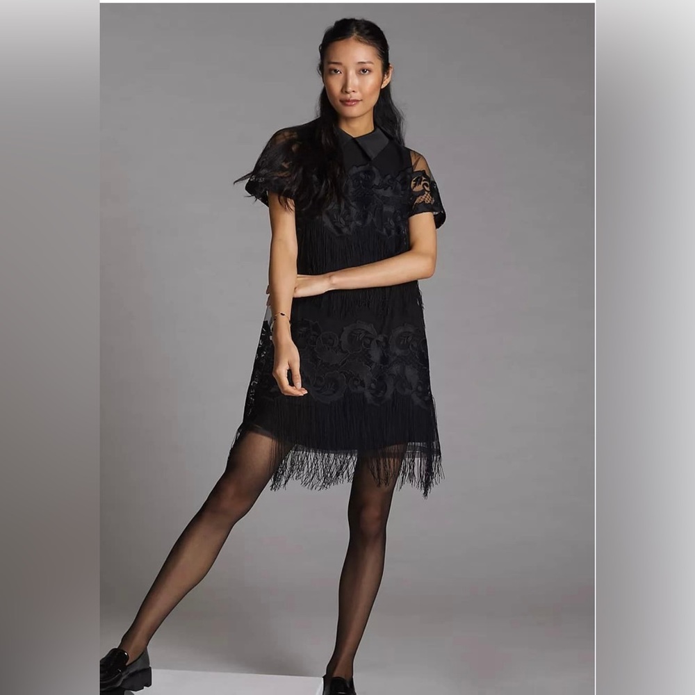 Maeve Black Fringed Shift Mini Dress M